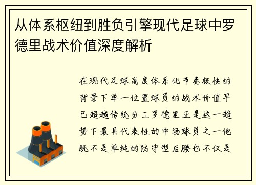 从体系枢纽到胜负引擎现代足球中罗德里战术价值深度解析